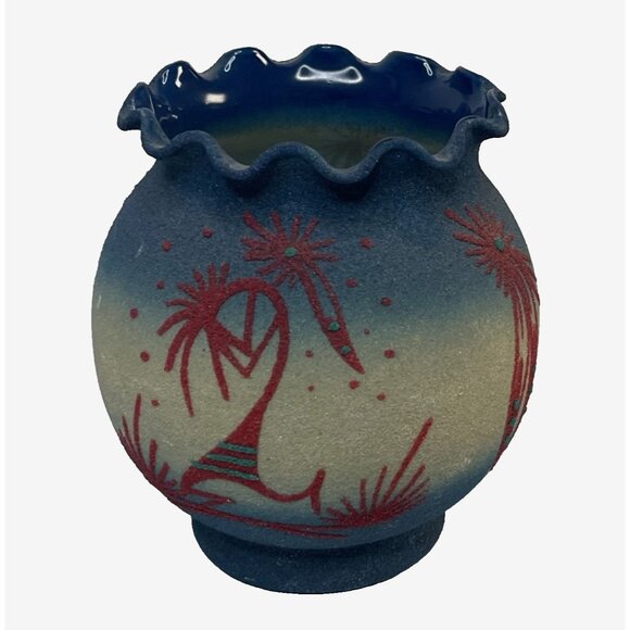 Native American Navajo Dine Kokopelli Feathers Sand over Glass Art Vase Signed - Picture 1 of 11